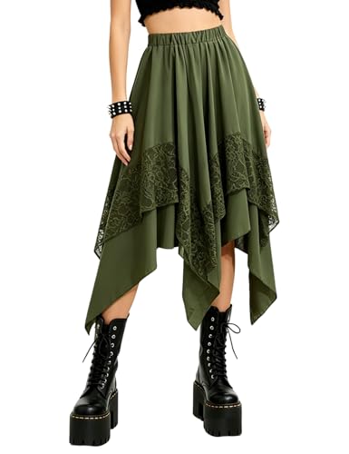 Yimoon Womens Renaissance Skirt Lace Tiered Asymmetrical Flowy Fairy Long Skirt High Waist Gothic Midi Skirts(ArmyGreen-M)