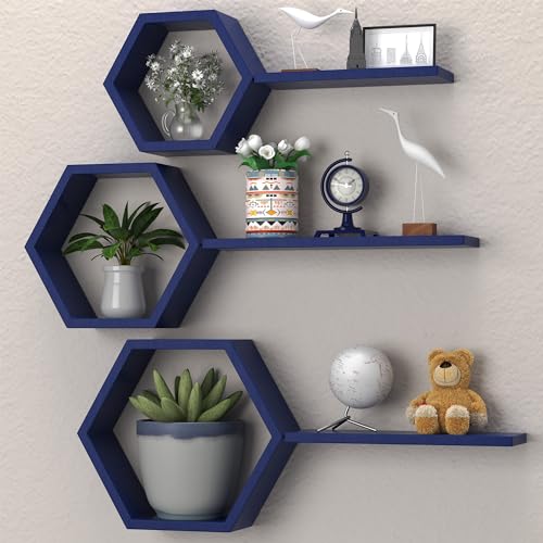 Hexagon Floating Geometric Honeycomb Shelves - Hexagon Floating Shelves Wall Mounted, Honeycomb Wall Shelves Set of 6, Geometric Floating Shelves for Wall Decor, Navy Blue Honey Comb Shelves for Home