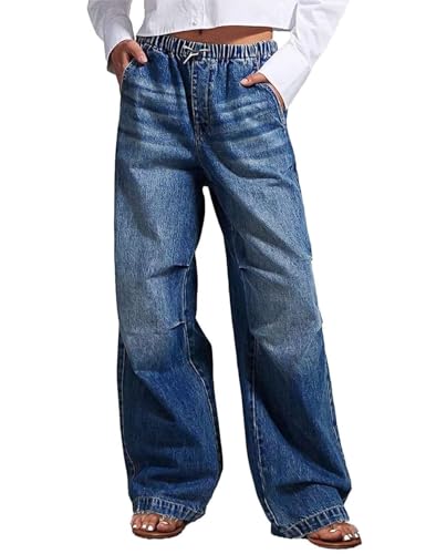 Flygo Womens Wide Leg Jeans Elastic Waist Drawstring Baggy Jeans Y2K Boyfriend Jeans Loose Denim Pants