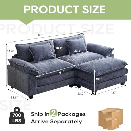 Image of Oprisen 86 inch Modular Sectional Sofa, Comfy Cloud Couch Sectional Sofa with Ottoman, Chenille Sofa Sleeper Deep Seat Sofa with Throw Pillows for Living Room (Blue, 86 inch- L Shape)