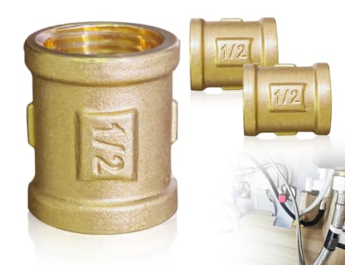 Lhbwhiz 2 Piezas 1/2' Manguito Conector de Rosca Interna de Latón Manguito Fundido de Doble Pezón Accesorios de Latón Accesorio de Rosca para Conexión de Tubería Sistema de Agua Potable(Oro)