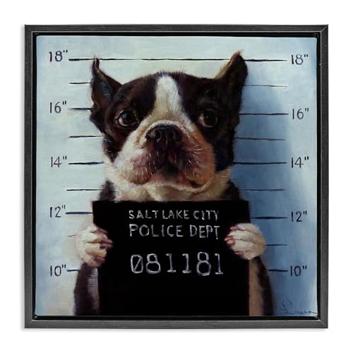 Image of Boston Terrier Mugshot Humor, 17 x 17 Inch Canvas in Floater Frame | Stupell Industries . By Lucia Heffernan . Ready to hang once unboxed . Great gift for dog lovers . Made in USA