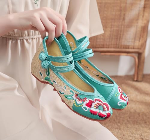 Chinese Ethnic Style Embroidery Slope Heel Women's Canvas Hibiscus Flower Retro Comfortable Cheongsam Round Toe Flat Shoes2