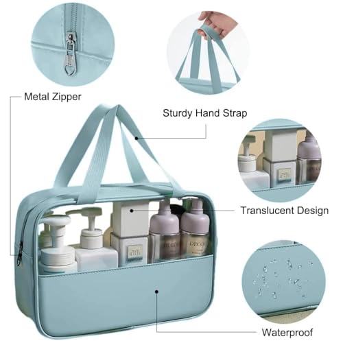 Image of HOOPOES Polyester Travel Toiletry Pouch for Women & Men, Portable Cosmetic Organizer Bag for Full-Sized Shampoo, Brushes Set, Toys, Stationery, Bathroom & Makeup Accessories (Blue, 3 pcs Set)