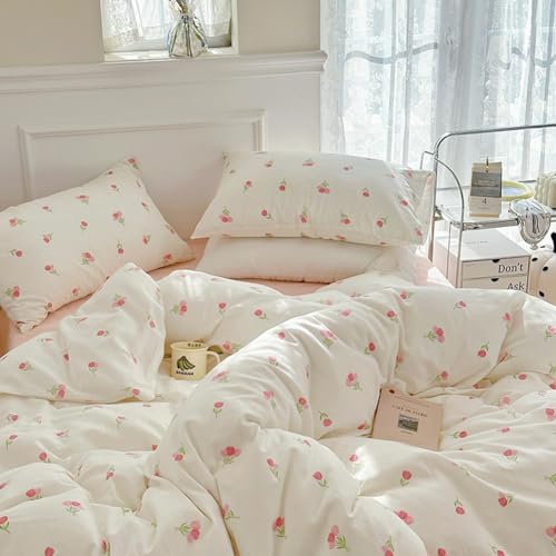 Image of Nayoroom Pink Floral Duvet Cover Twin Size Cute Tulip Printed on White Comforter Cover 2Pcs Kids Girls Kawaii Cottagecore Bedding Set with Zipper Closure Soft Breathable Microfiber