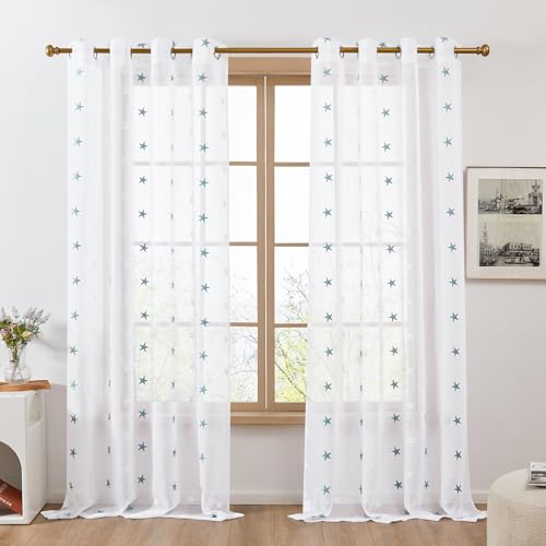 Deconovo - Juego de 2 Cortinas para salón (140 x 240 cm), diseño de Estrellas, Color Blanco y Verde