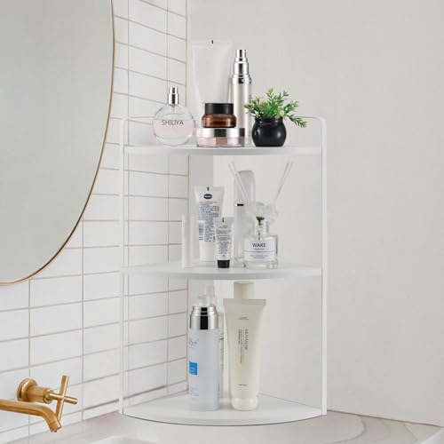 Image of 3 Tier Corner Bathroom Counter Organizer, Countertop Organizer, Makeup Organizer Countertop, Bathroom Storage Sink Shelf, Wooden and Metal Counter Shelf (Large Capacity-White)