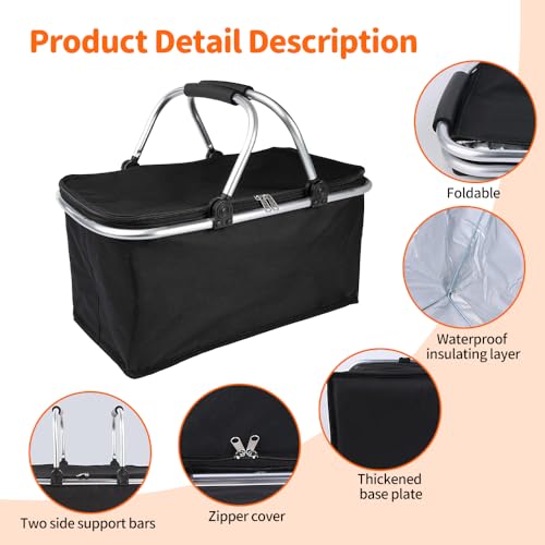 KBIBCK Einkaufskorb Kühltasche, 30L Kühlkorb Faltbar, Picknickkorb Groß, Leicht klappbar & kompakt, Mit Griff Lunchtasche Thermo Tasche für Büro Camping Picknick Reisen Einkaufen (Schwarz)