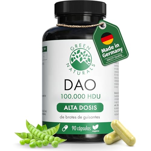 DAO VEGANO – Alta Dosis: 300.000 HDU por dosis diaria – Cápsulas gastro-resistentes – Enzima DAO natural de brotes de guisante con 100 mg por cápsula – 90 cápsulas – Green Naturals®