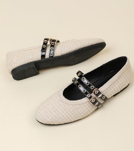 Image of Mesh Ballet Flats Shoes for Women Comfortable Studded Mary Jane Shoes Ballerina Buckle Strap Business Office Work Dress Shoes