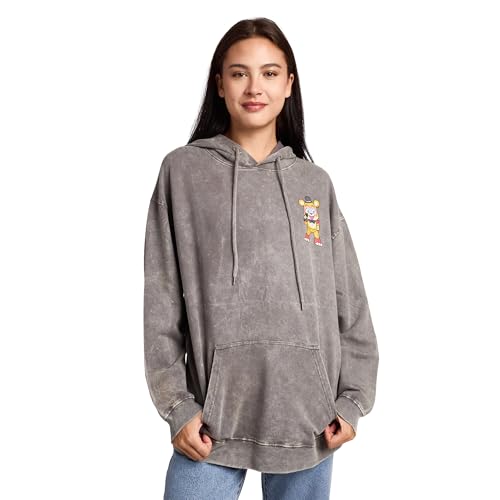 Bioworld Five Nights At Freddys Glamrock Freddy & Friends Womens Gray Mineral Wash Long Sleeve Fleece Hooded Sweatshirt-Small