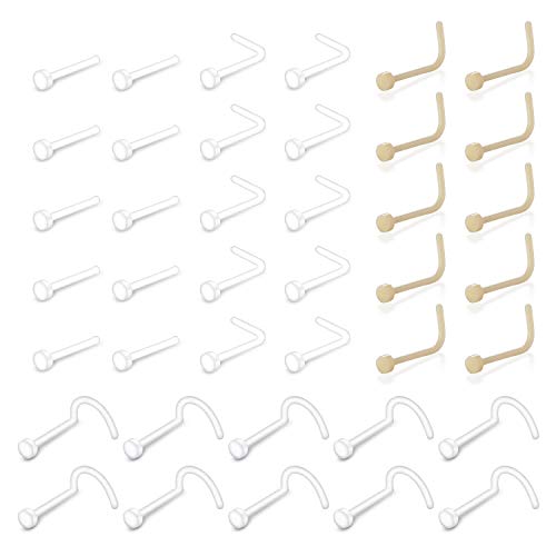 Mayhoop 40 Pcs Clear Nose Studs Retainers 20G Bioflex Acrylic Clear L shaped Nose Rings Bone Pin Nose Screw Studs Nose Piercing Body Jewelry for Men Women