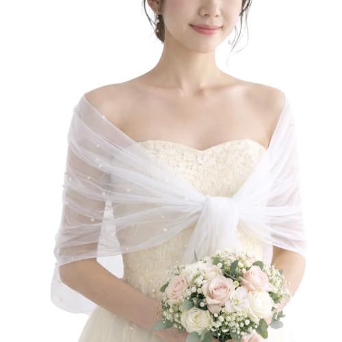 Châle de mariée en tulle blanc - Cape de mariée pour femme - Perles synthétiques - Pour mariage, perles, robes de mariée, douche nuptiale