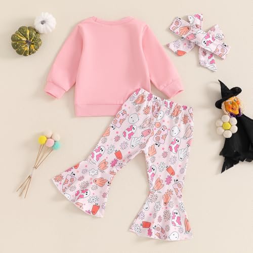 Kayotuas Toddler Baby Girl Halloween Outfit Pumpkin Ghost Sweatshirt Top and Bell Bottom Flare Pants Cute Fall Clothes Set4