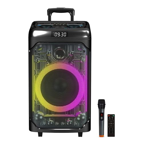 IQ Sound IQ-7612DJBT 12-inch Rechargeable Bluetooth Party Speaker with TWS, Powerful 100W Sound, LED Light Show, FM Radio, Mic & Guitar Input, USB/AUX, Bass & Treble Control & Easy Trolley Handle