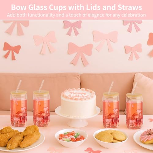 FELISTORY 6 Pcs Cute Glass Cups with Lids and Straws, 16 fl oz Pink Glass Cups Tumbler Iced Coffee Glasses for Women, Sister, Young Ladies, Bow Theme Party Favors - image 5