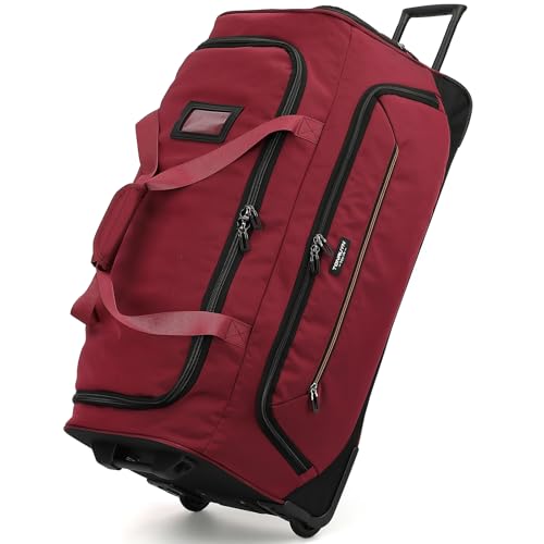 Image of Large Rolling Duffle Bag with Wheels and Handle 85L 29 inch Travel Duffel Bag for Men Women with Shoe Compartment & Wet Pocket, 2 Wheeled Checked Luggage for Business Travel Long Trips, Red