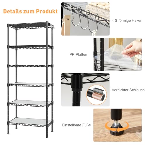 FTEYUET Lagerregal Regal Metallregal - mit 6 Regalböden, Standregal Küchenregal mit Höhenverstellbaren Regalböden und Nivellierfüßen (35.5 D x 60 W x 180 H cm)