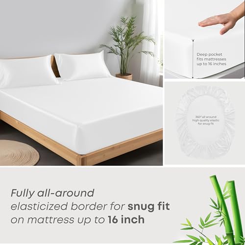 LINENWALAS Double 4 Pcs Bed Sheet Set,100% Organic Bamboo Bedding Set, Cooling Vegan Silk Bedsheets Set with 1 Fitted Sheet, 1 Flat Sheet & 2 Pillowcases (Double, White) - Image 3