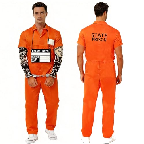 YeahBoom Gefangener Kostüm Herren Damen Gefängnis Kleidung Orange Prisoner Overall Costume mit Sträfling Accessoires Häftling Outfit Sträfling Kostüm für Erwachsene Cosplay Halloween Karneval Costume