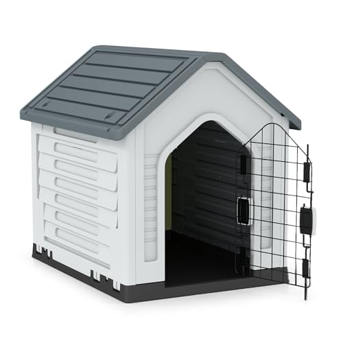 GYMAX Caseta para Perros, Casa de Plástico para Perros con Puerta Metálica Bloqueable, Techo Inclinado, Buena Ventilación, Refugio para Animales Adecuado para Interior, Exterior (Blanco+Gris)