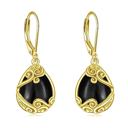 Black Onyx Drop Earrings for Women - Sterling Silver 18K Yellow Gold Plated Filigree Dangle Leverback Jewelry Gifts