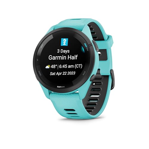 Garmin Forerunner 265 - Montre GPS de Running avec écran AMOLED - Blanche avec Bracelet en Silicone Turquoise/Noir - Boîtier 46 mm