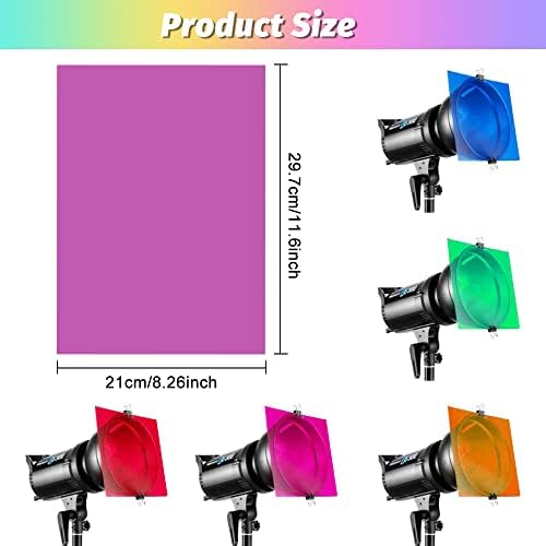 CAEEKER 11 PCS Correction Gel Light Filter Colored Overlays Transparency Color Film Plastic Sheets Lighting Gels Filter with 11 Colors, Black Yellow Rose Red Pink Green Purple Blue Orange (29.7x21cm)