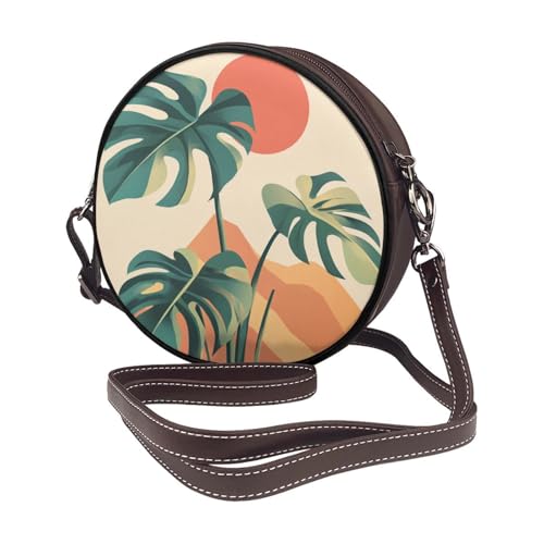 Monstera Plant The Sun Mountains Women Round Crossbody Bags Leather Sling Bag Purse2