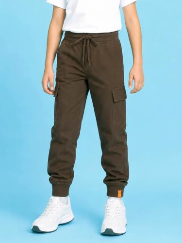 Image of KiddoPanti Boys Cotton Joggers | 100% Cotton Single Jersey | 2 Side Cargo Pockets with Flap | Elasticated Waist Band with Functional Drawcord | Soft & Breathable Track Pants