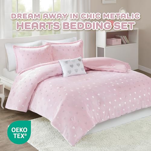 Image of Intelligent Design Queen Comforter Set, 4 Piece Metallic Hearts Cozy Bedroom Set for Girls, Queen Bed Set Soft & Plush Comforter, All Season Fluffy Bedding Set, Rosalie, Full /Queen, Pink Silver