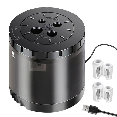 VASUBA Heavy-Duty Electric Pencil Sharpener USB and Battery Power 4 Replacement Blades 4-Hole Adjustable for 6-12mm Art Pencils Large Capacity Automatic Pencil Sharpeners Black