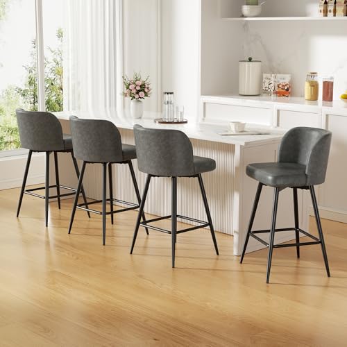 Image of Swivel Bar Stools Set of 4, 26 inch Counter Height Bar Stools with High Back and Metal Legs, Faux Leather Bar Chairs, Modern Barstools for Kitchen Island, Light Grey