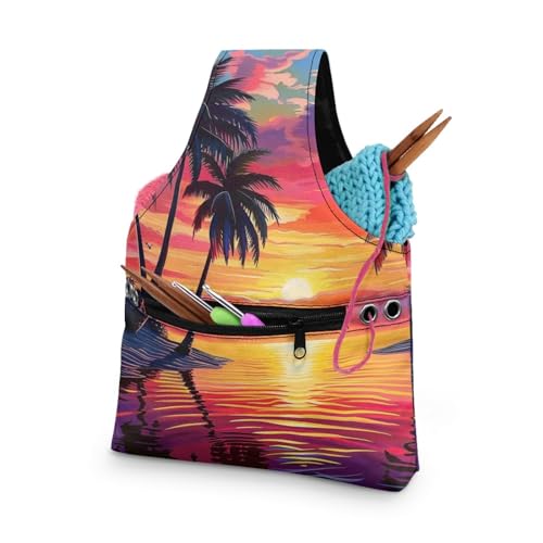 Image of Tropical Knitting Bag Yarn Storage Organzier Portable Yarn Bag for Crocheting on the Go Palm Leaf Yarn Storage Shelves,Small