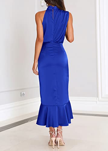 Image of KIRUNDO Women's Summer Satin Mock Neck Wedding Guest Dress | Party Cocktail Midi Dress, 2026 Spring Fashion, Silky, Elegant Classy Halter High Neck, Sleeveless Wrap Ruffle Formal Dress