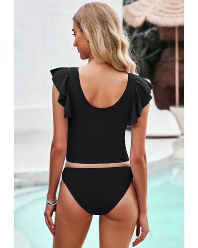 GRAPENT Tankini Tops for Women Swimwear Top Only Ruffle Bathing Suit Cut Out Long Bikini Tops Swimsuit Beach Resort Wear2