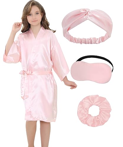 EPLAZA Kids Girls Satin Robe with Hair Band Eye Mask for Birthday Spa Bridal Party Flower Girls Wedding Robes Kimono