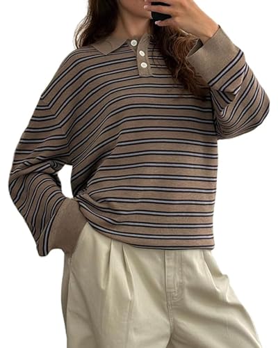 Image of Women Y2k Striped Oversized Polo Sweater Shirt Vintage Aesthetic Preppy Knit Long Sleeve Lapel Collar Pullover Sweatshirt Golf Rugby Sweater (A-Khaki, M)
