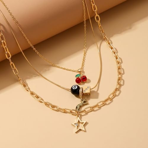 Image of SANNIDHI 3 Piece Y2K Layered Necklace Set for Women, Gold Tone Alloy Multi Layer Stacked Necklace with Cherry Pendant, Trendy Retro Aesthetic Jewelry