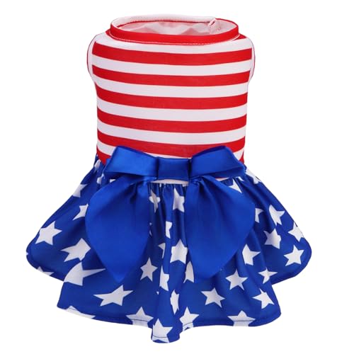 PUPTECK Print Dog Dress Pet Apparel for 4th of July with Cute Bowtie Puppy Clothes Outfit USA Flag Indepandence Day Stars and Stripes Patriotic Flag M