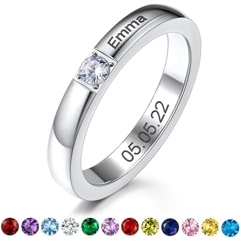 KeyStyle Custom Birthstone Rings for Women, Personalized Name Stackable Bands, Stainless Steel Customized Names Stacking Ring for Mother Daughter Wife, Size 5-11 (Silver) Cover