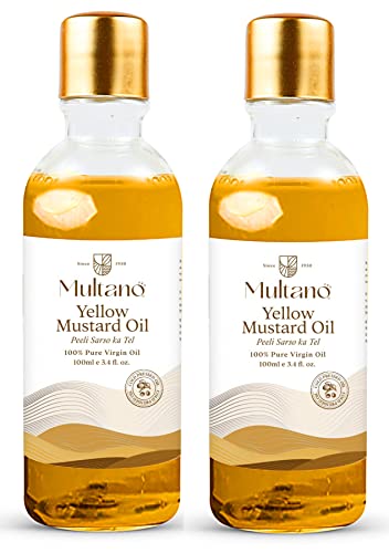 Image of Multano Pro Cold Pressed Mustard Oil 100% Pure Extra Virgin Kachi Ghani Yellow Mustard Oil For Cooking, Hair, Skin & Body Massage | Shuddh Peeli Sarso Ka Tel (100ML Pack of 2, Total 200ML)