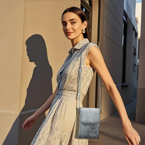 Image of Small Crossbody Bags for Women Trendy Vegan Leather Cell Phone Bag Embossed Flower Design Wallet Purses with Strap