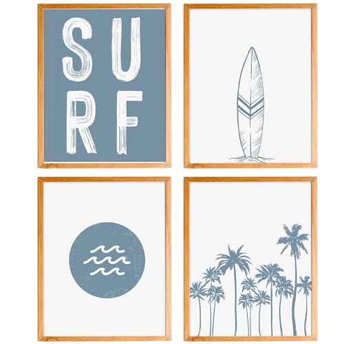 BearCake Coastal Summer Beach Surfing Wall Art Set of 4, Surf Room Decor, Beachy Room Decor Aesthetic, Coastal Wall Decor, Nautical Wall Art Decor, Coastal Beach House Decor, 8x10 Inches