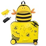 KOTEK Kids Ride on Suitcase, 18” Hardshell Carry-on Luggage with Wheels & Footrest, 12” Backpack with Anti-Lost Rope & Carry Strap, Toddler Rolling Suitcase for Girls Boys (Yellow Bee)