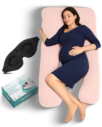 U-Shaped Pregnancy Pillow – 100% Cotton Cover, Full Body Maternity Support for Belly, Back and Legs – Bonus Eye Mask and Gift Box (Light Pink)
