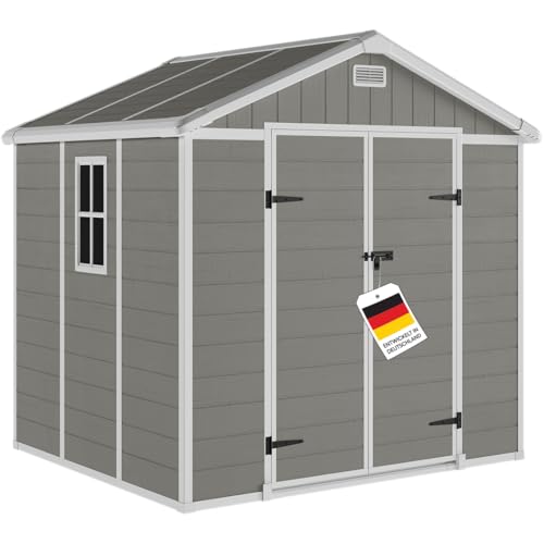 STEELSØN Novara Gerätehaus Gartenschuppen mit Satteldach & Fenster Gartenhaus 226 5x200x230 cm (HxTxB) Geräteschuppen aus Kunststoff in Grau Gartenhütte wetterfest & rostfrei Schuppen