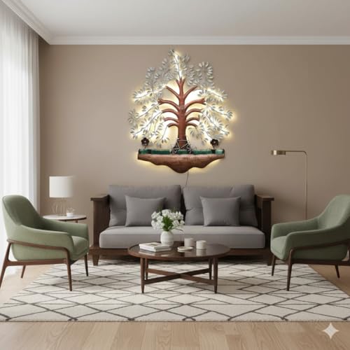 Image of Bharat Art Metal LED Tree Wall Art | Handcrafted Iron Tree Wall Hanging for Living Room, Bedroom, Hall & Office Pesto Tree White B, 31 x 2 x 40 Inch | WD056 (B)