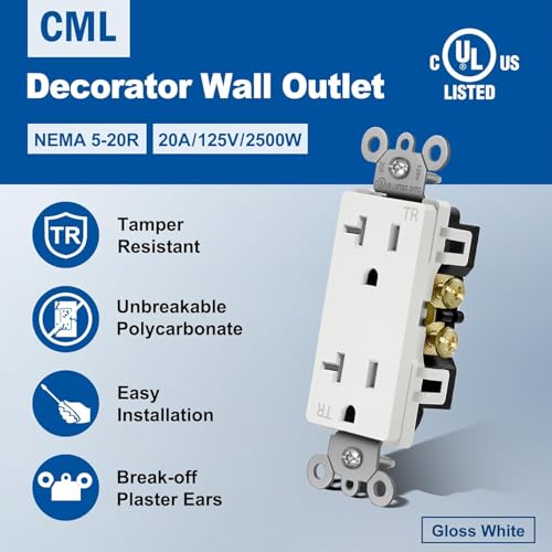 Image of CML 20 Amp Decorator Receptacle Outlet with Tamper Resistant (TR), 100 Pack Standard Electrical Wall Outlets, 20A /125V, UL Listed, White