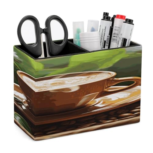 Porte-stylos en cuir premium café et feuilles vertes pour crayons